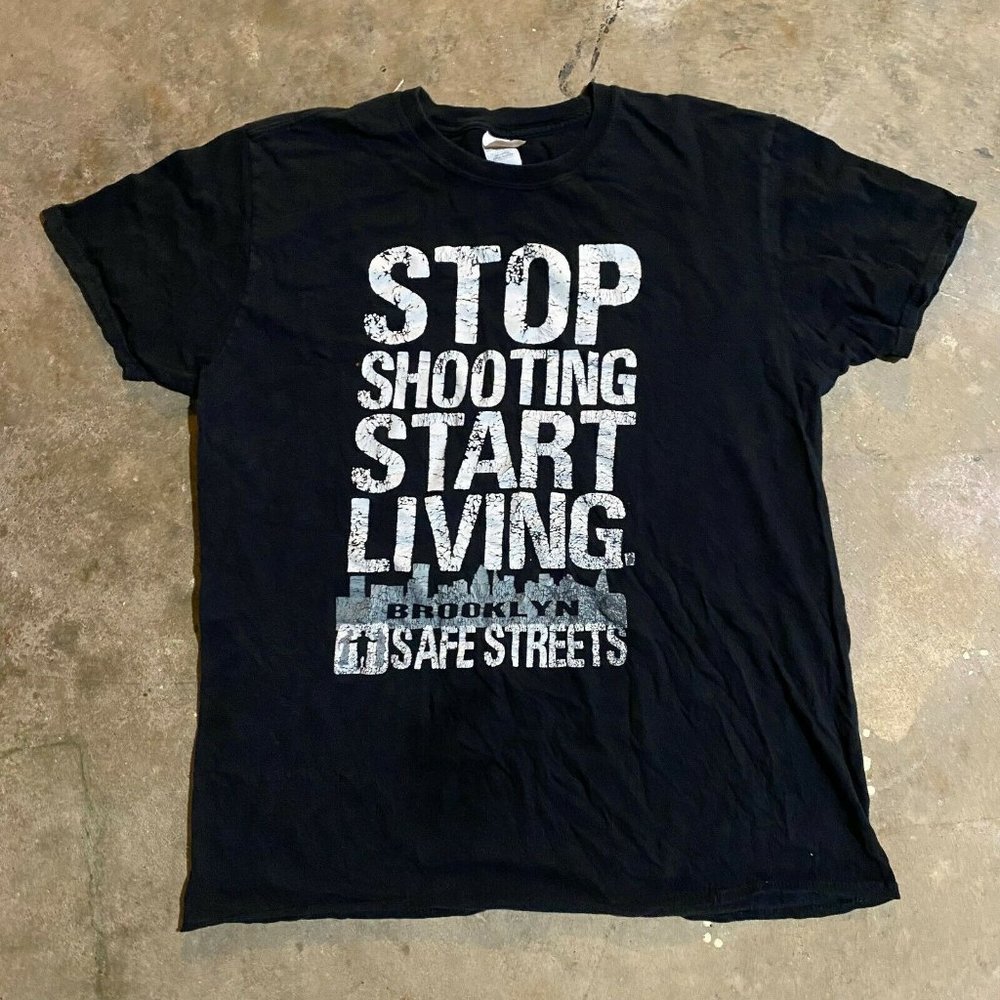 Brooklyn Mens Black Stop Shooting Start Living Short Sleeve Graphic T Shirt Sz L